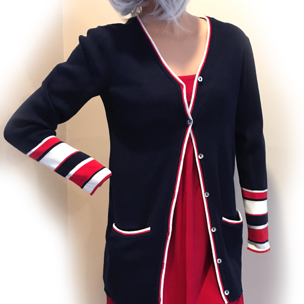 Red White Navy Blue Long Cardigan Pocket Sweater